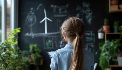 Young girl sketching innovative green technology for environmental water system indoor inspiration nature-focused viewpoint