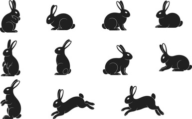 Set of black rabbit silhouettes in various poses, sitting, standing, jumping, cute bunny icons for Easter, wildlife, nature designs