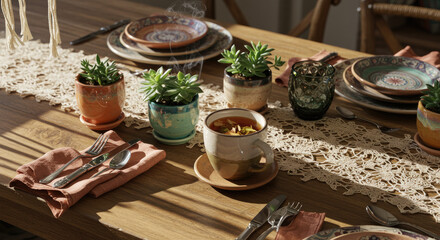 Sunlit Table Setting with Succulents and Herbal Tea.