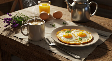 Sunny Side Up Eggs with Coffee and Orange Juice Breakfast.