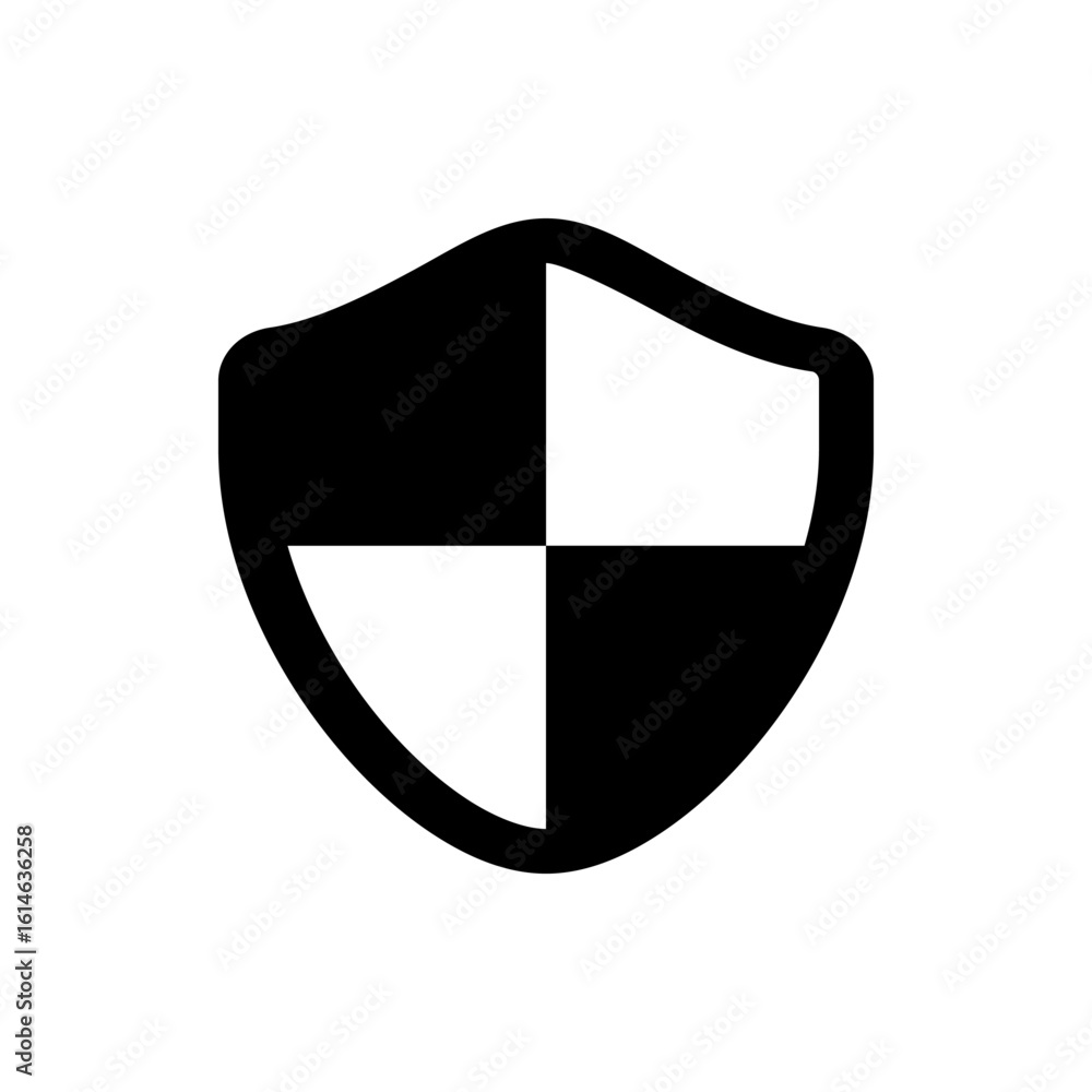 Poster a black shield icon with rounded edges symbolizing protection and security in a simple graphic desig