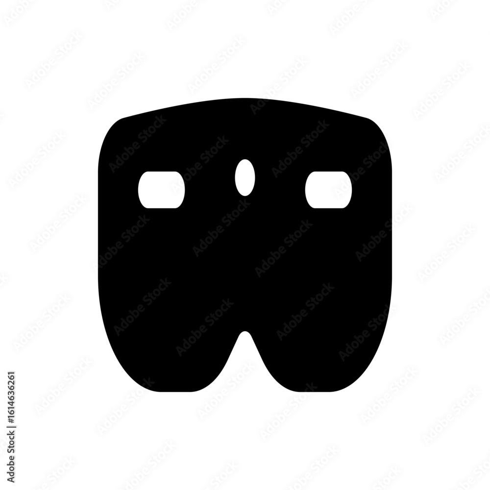 Poster a black vr headset with two eye holes and a sensor in the middle on a white background in a simple s
