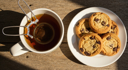 Tea and Chocolate Chip Cookies on Wooden Table.