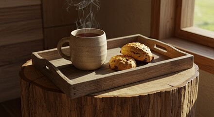 Tea and Scones on a Wooden Tray Rustic Still Life.