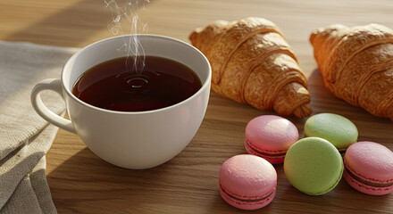 Tea Croissants and Macarons A Delicious Breakfast Still Life.
