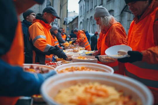 Volunteers distribute food and supplies to those in need during a community event for a humanitarian organization fighting hunger