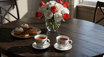 Tea Pastries and Flowers on a Wooden Table.