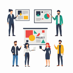 Vector Illustration Set of Diverse Business Professionals Collaborating on Project Presentations and Data Analysis