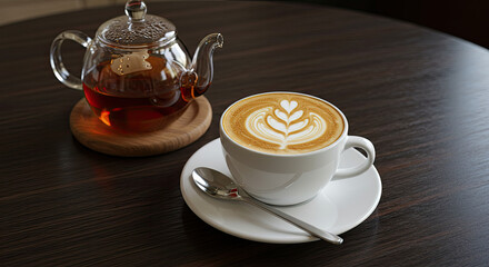 Tea Pot and Latte Art Coffee Cup on Wooden Table 1.