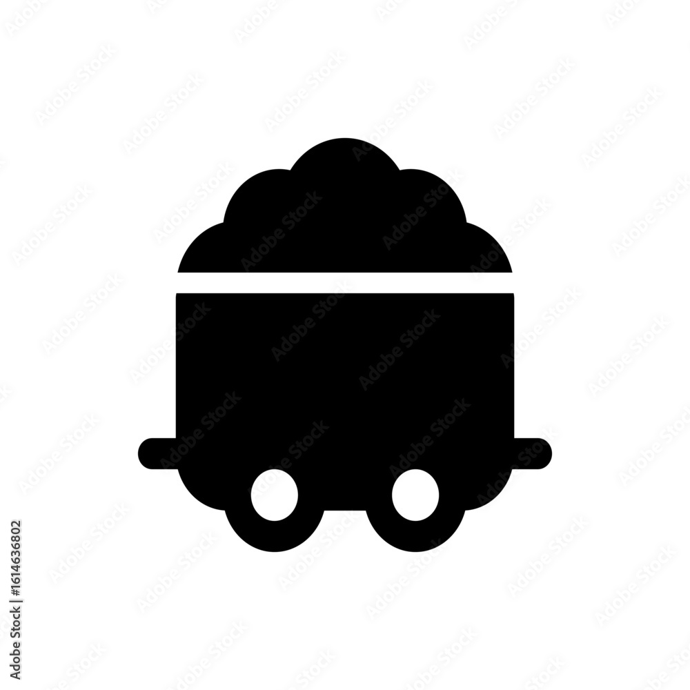 Poster a solid black minecart with a rounded top filled with material and two wheels on a white background 