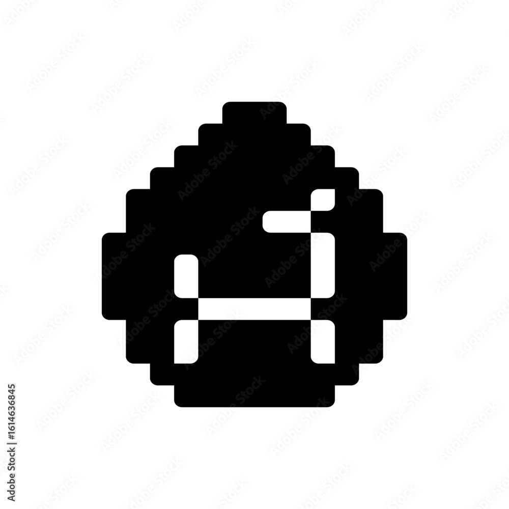Poster pixelated black shape with white vertical lines and rounded edges in a retro video game style design