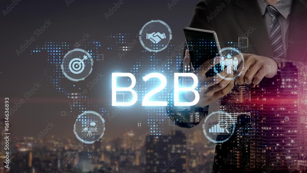 Poster b2b strategy and technology transforming business-to-business operations, optimizing communication, 