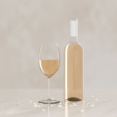 A Glass and Bottle of White Wine, on a Marble Desk, With Scattered Petals, No Label