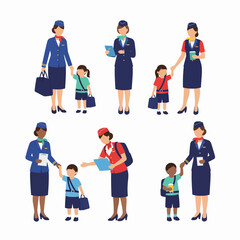 Obraz premium Flight attendants assisting diverse children in various travel scenarios, highlighting airline care and service for young passengers.