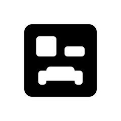 Illustration of a black square with rounded corners and a white pixelated face design in the center
