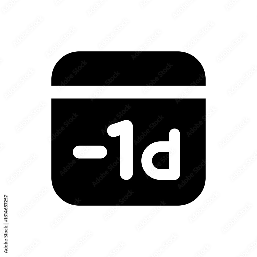 Poster illustration of a black calendar icon with rounded corners displaying the text minus one day in whit