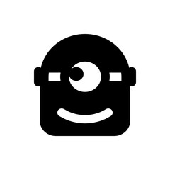 Black and white cartoon character with one eye and a smile wearing glasses on a white background design icon