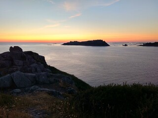 dusk at pointe de bihit, treberdeun, cotes d armor, brittany, france. Scenic coastal landscape with...