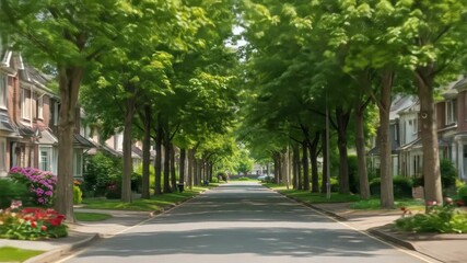 Street lined with trees and houses in soft focus, sunny day - Powered by Adobe