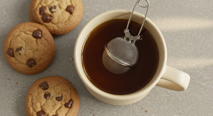 Tea Time Treats A Cup of Tea with Chocolate Chip Cookies.