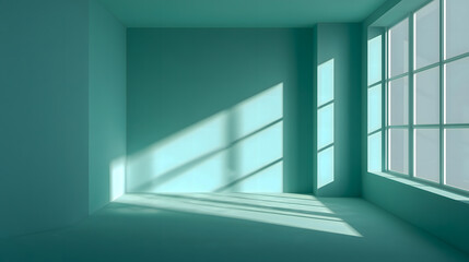 Obraz premium Empty room with light blue walls and window shadows, creating a minimalist yet elegant space.