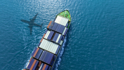 Aerial view of the freight shipping transport system cargo ship container. international...