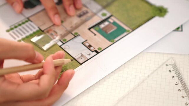 Professional engineer team discussion about house design on meeting table with architectural equipment and building blueprint scatter around at modern office. Focus on hand. Closeup. Delineation.