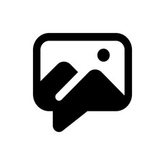 Illustration of a landscape picture inside a rounded rectangle and a speech bubble in solid black color