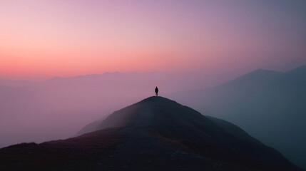 A lone figure standing on a foggy mountain peak at sunrise. Soft pastel sky, rolling mist, vast silence.