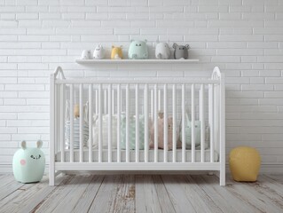 Baby room, white crib, soft toys