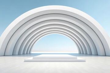 Modern white archway with tiered platform under a clear blue sky