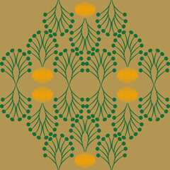 Abstract symmetrical pattern featuring delicate teal botanical branches with dotted tips accented by soft orange and green on a gradient background. Ideal for fabric wallpaper or digital art design.