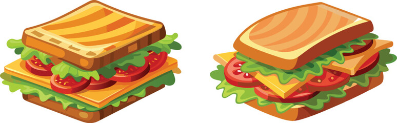 Two delicious looking cartoon sandwiches, each with a variety of fresh fillings