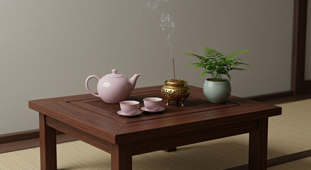 Tranquil Tea Ceremony Setting with Incense Burner.