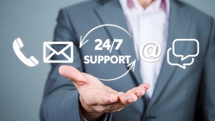 Businessman showing virtual 24-7 support services for worldwide nonstop and full-time available contact of service concept. Assistance customer services, Care and consulting client 24hr, Call Center.