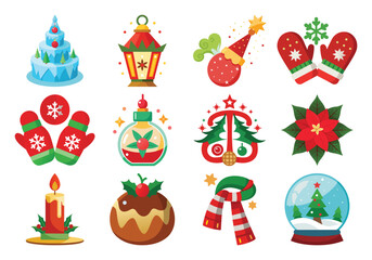 Flat design Christmas Vector icons: festive red, green, and blue winter holiday elements. on  white background 