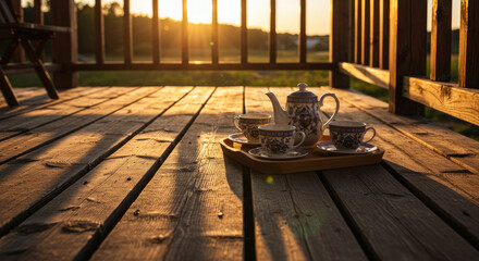 Tranquil Tea Set on a Wooden Deck at Sunset.
