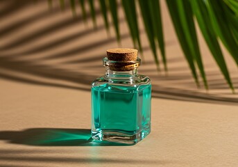 Elegant square bottle holding bright turquoise liquid, sealed with cork, against a botanical shadow background.

