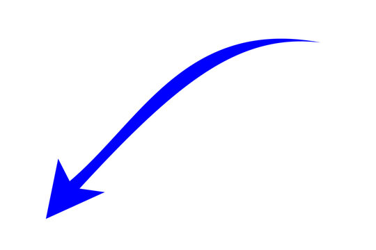 Curved blue arrow pointing down for direction, decrease or UI navigation on transparent background
