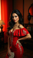 An elegant woman in a red dress posing indoors with confidence. She holds a fan, and her striking features are highlighted by her long, dark hair. The room is warm and inviting