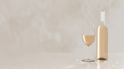 A Glass and Bottle of White Wine, on a Marble Desk, With Scattered Petals, No Label, Copy Space