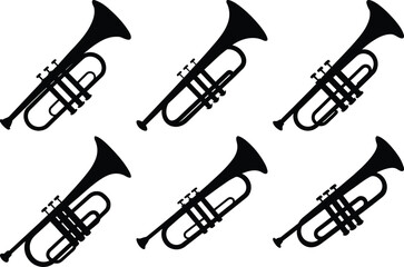 Black silhouettes of trumpets arranged in two rows
