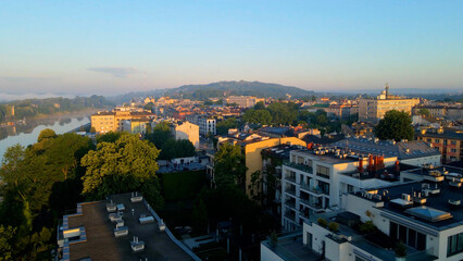 Drone view of European city tourism old town Krakow Poland