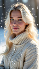 A portrait of a blonde woman, smiling in the winter landscape