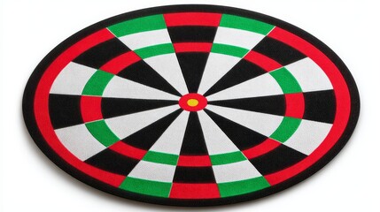 Achieving bullseye, a closeup of red and green dart aimed at dartboard for target precision