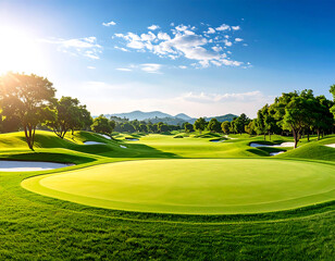 A sunny afternoon on the golf course - panoramic extra wide view of a gorgeous, well-maintained green golf course on a bright sunny day by generative AI .