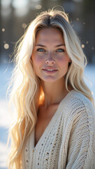 A beautiful young woman with long blonde hair smiles in the winter snow, capturing the essence of winter beauty and serenity.