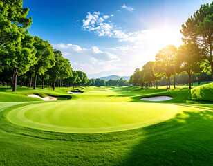 A sunny afternoon on the golf course - panoramic extra wide view of a gorgeous, well-maintained green golf course on a bright sunny day by generative AI .
