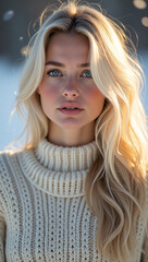 A portrait of a beautiful woman, with blonde hair and blue eyes, basking in the sunlight