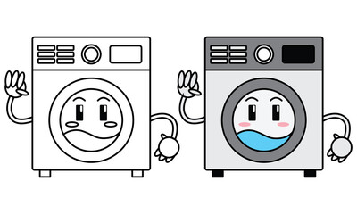 cute grey washing machine character vector illustration and line art style for kids, children's books or technology design elements